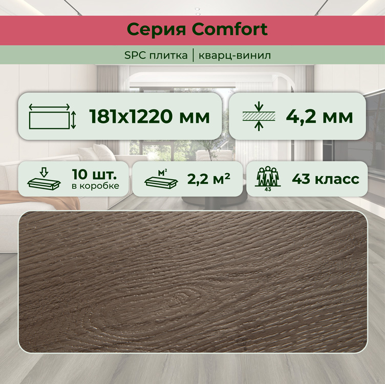 14CM08 Кварцвинил замковый STRONG STEP Комфорт 181x1220x4,2 Графит